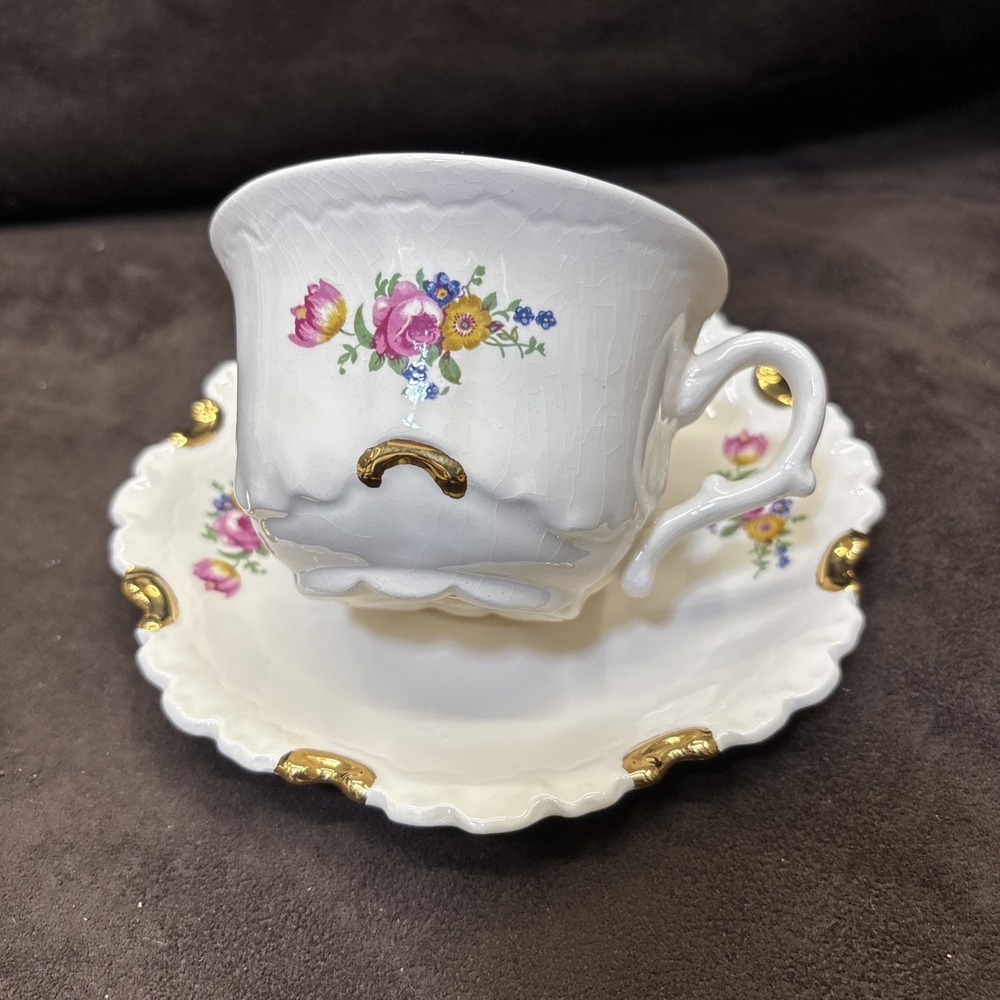 Vtg American Artwork Cup & Saucer Pink Roses BlueYellow Flower By Edna Bullock